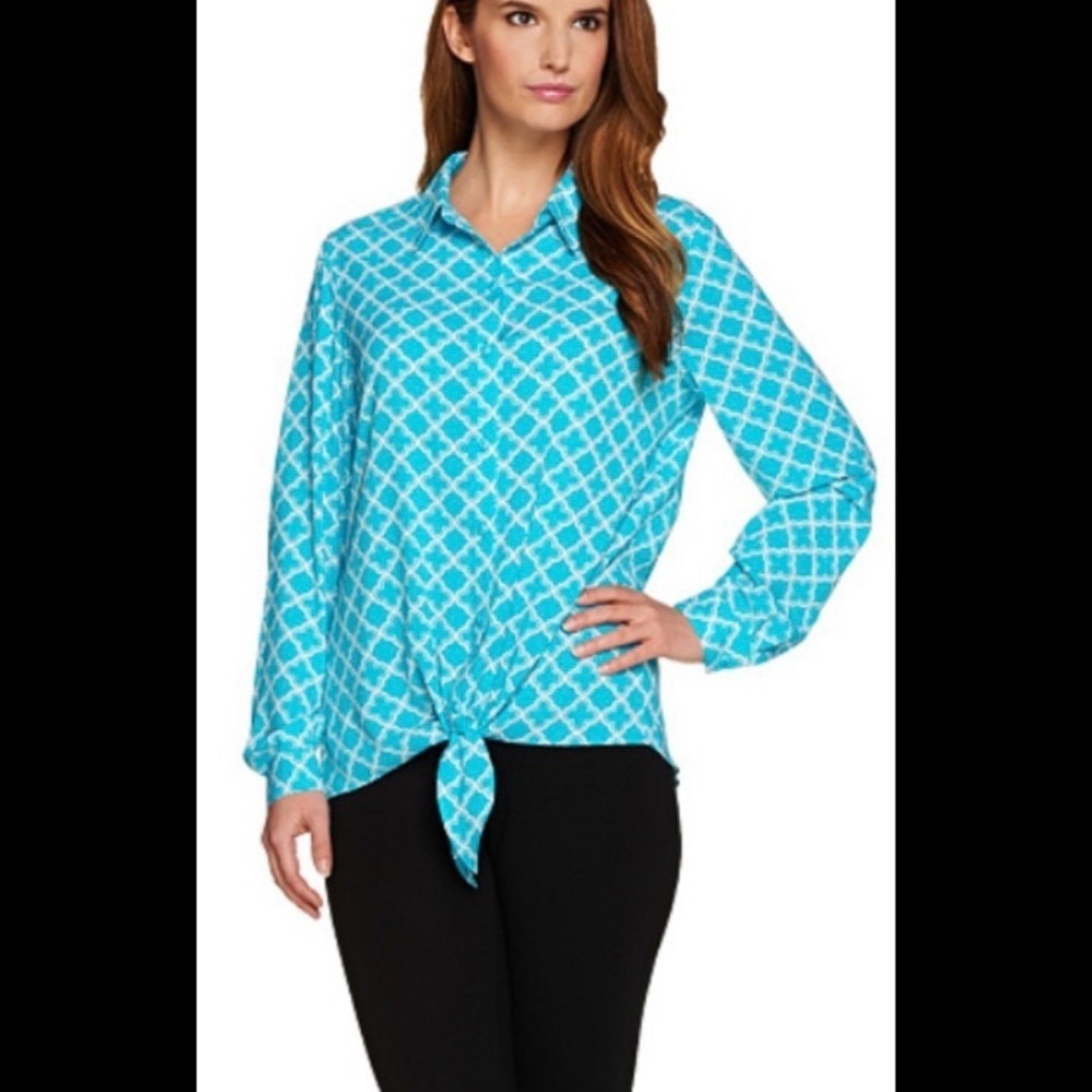 Susan Graver Multicolored Button Down Shirt with Tie Front